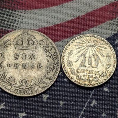 1930 Mexico 10 Centavos 72% Silver 1.66g & 1904 United Kingdom Sixpence 92.5% Silver 2.83g