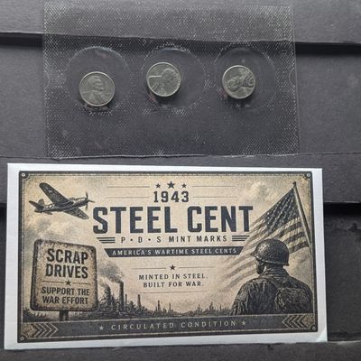 1943 P, D, & S Lincoln Steel Wartime Cent Mint Mark Collection Minted in Built For War Sleeve