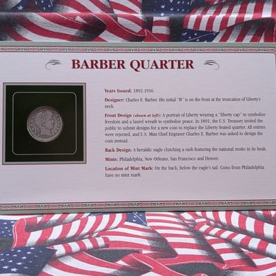 1916-D Barber 90% Silver Quarter in Eagle Holding the National Motto Display Card w/ Commem Stamp