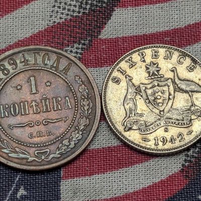 1942 Australia Sixpence 92.5% Silver 2.83g & 1894 Soviet 1 Kopeck