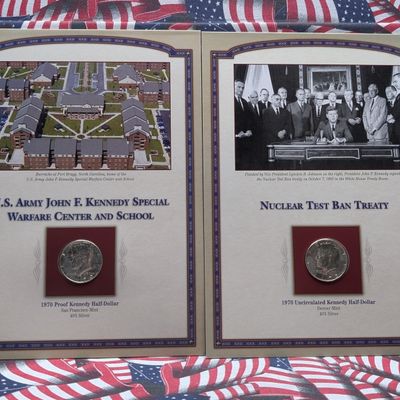 1970-S PROOF & 1970-D UNC Kennedy 40% Silver Half Dollars in Info Display Cards