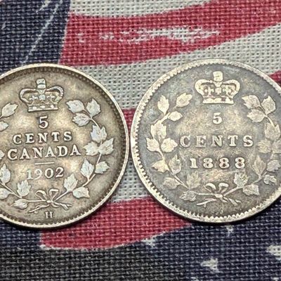 1888 Canada 5 Cents & 1902-H Canada 5 Cents - Each 92.5% Silver & 1.16g