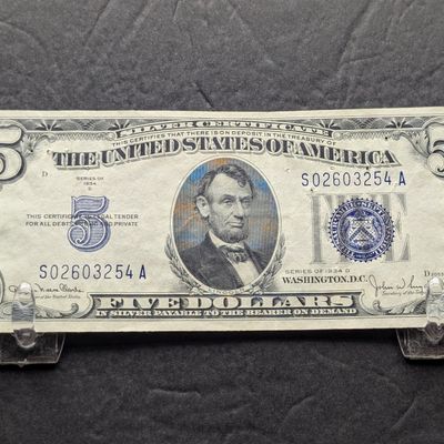 1934 D Series $5.00 Silver Certificate - XF/AU