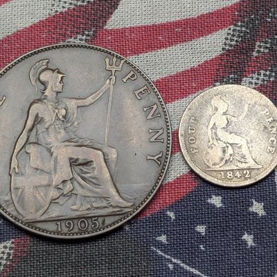 1905 Great Britain Penny & 1842 Great Britain Fourpence 92.5% Silver 1.89g