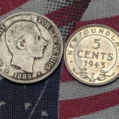 1885 Spain 10 Centavos 83.5% Silver 2.5g & 1943-C Newfoundland 5 Cents 92.5% Silver 1.166g
