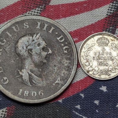 1918 Canada 5 Cents 92.5% Silver 1.167g & 1806 Great Britain Half Penny Britannia