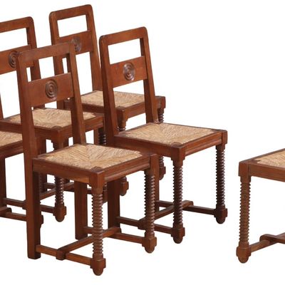 SIX FRENCH OAK DINING CHAIRS ATTRIBUTED TO VICTOR COURTRAY C 1945 HAVING CIRCULAR DESIGN, TURNED