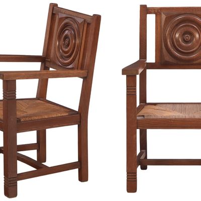PAIR OF OAK AND RUSH ARM CHAIRS IN THE MANNER OF CHARLES DUDOUYT C 1940.