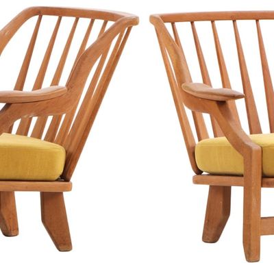 PAIR OF FRENCH OAK ARM CHAIRS DESIGNED BY CHAMBRON AND GUILLERME FOR VOITRE MAISON C 1960. GREAT