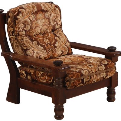 OAK BRUTALIST STYLE ARM CHAIR WITH LOOSE CUSHION UPHOLSTERY C 1960.