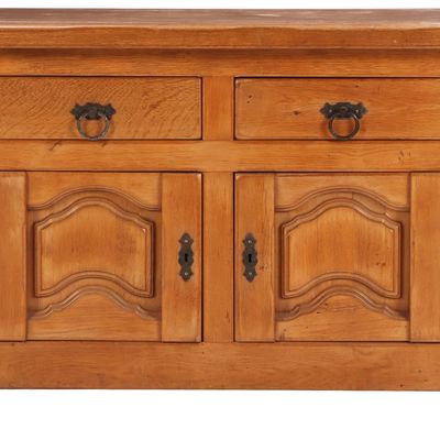 FRENCH SOLID OAK BRUTALIST STYLE SERVER HAVING A TWO DRAWERS OVER TWO DOORS C 1960.