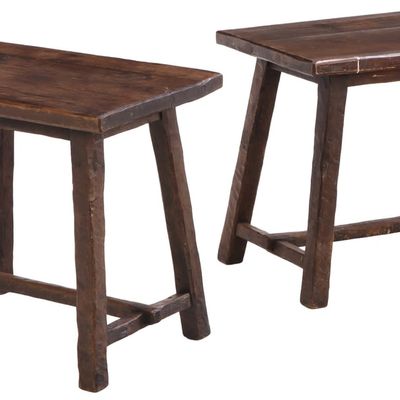 A PAIR FROM A SET OF FOUR FRENCH GOUGE CARVED HEAVY OAK TABLES IN THE BRUTALIST STYLE C 1940.