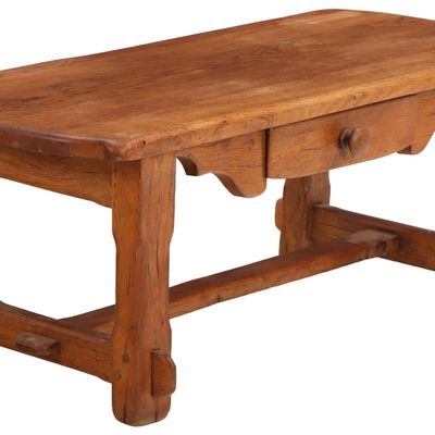 FRENCH SOLID OAK BRUTALIST STYLE COFFEE TABLE HAVING A SINGLE DRAWER C 1955.