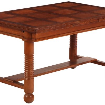 FRENCH OAK DINING TABLE C 1940 HAVING TURNED LEGS AND BALL FEET IN THE MANNER OF CHARLES DUDOUYT.