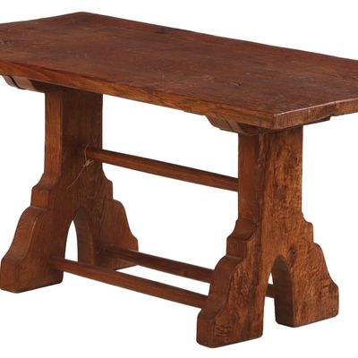 FRENCH SOLID OAK BRUTALIST STYLE COFFEE TABLE HAVING A GOUGED CARVED TOP C 1950.