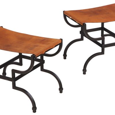 FRENCH IRON AND LEATHER STOOLS C 1960.