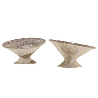 PAIR OF  FRENCH CAST STONE CANTED DISC PLANTERS DESIGNED BY WILLY GUHL C 1970.