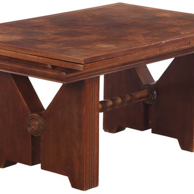 FRENCH OAK DINING TABLE ATTRIBUTED TO CHARLES DUDOUYT HAVING TWO DRAW LEAVES C 1940.
