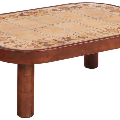 FRENCH WOOD AND TILE TOP COFFEE TABLE C 1960 SIGNED R CAPRON.