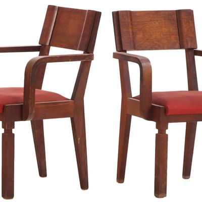 RARE PAIR OF SIGNED CHARLES DUDOUYT FRENCH OAK ARM CHAIRS C 1940.