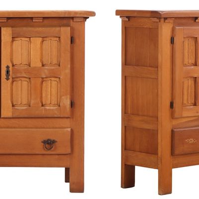 PAIR OF FRENCH BRUTALIST STYLE TWO DOOR BAR CABINETS C 1960. ONE CABINET DEEPER THEN THE OTHER