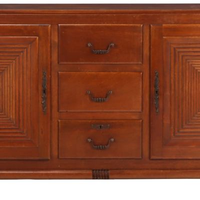 FRENCH MAHOGANY SIDEBOARD HAVING TWO DOORS  WITH RADIATING SQUARES C 1940.