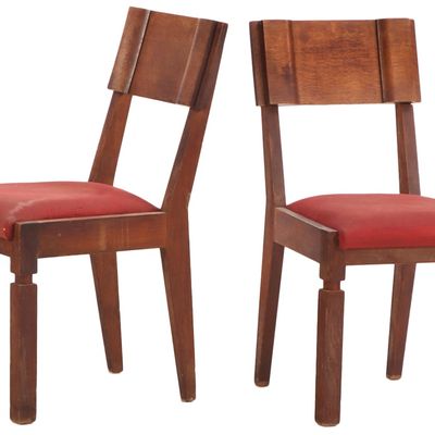 RARE PAIR OF SIGNED CHARLES DUDOUYT FRENCH OAK SIDE CHAIRS C 1940.