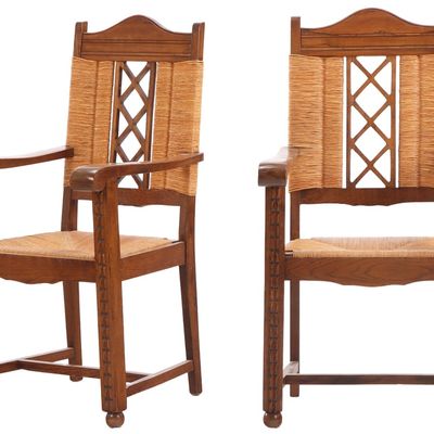 PAIR OF FRENCH OAK OPEN ARM CHAIRS HAVING X DESIGN WITH RUSH SEATS AND BACKS IN THE MANNER OF