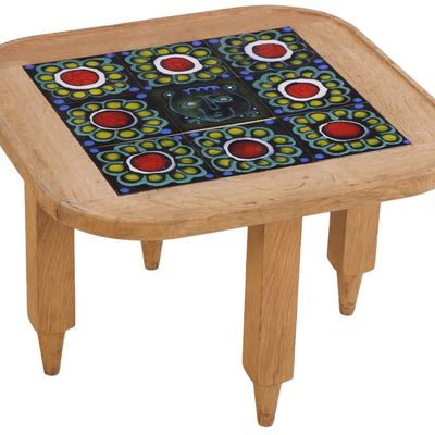 FRENCH OAK AND TILE COFFEE OR END TABLE BY GUILLERME AND CHAMBRON C 1960.