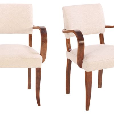 ONE OF TWO PAIR OF FRENCH OPEN ARM CHAIRS C 1940 HAVING BEEN RECENTLY REUPHOLSTERED IN A BOUCLE