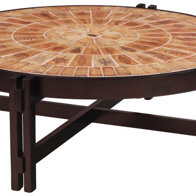 ROUND FRENCH WOOD AND TILE COFFEE TABLE C 1970 SIGNED CAPRON.
