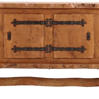 HEAVY FRENCH BURLED ELM SIDEBOARD MADE FROM VERY THICK SOLID PLANKS AND HAVING A FREE EDGE TOP C