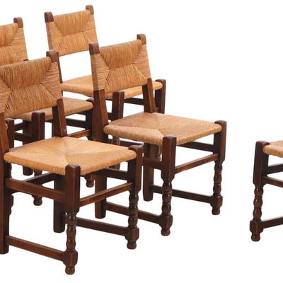 SIX FRENCH OAK AND RUSH DINING CHAIRS WITH TURNED LEGS C 1945.