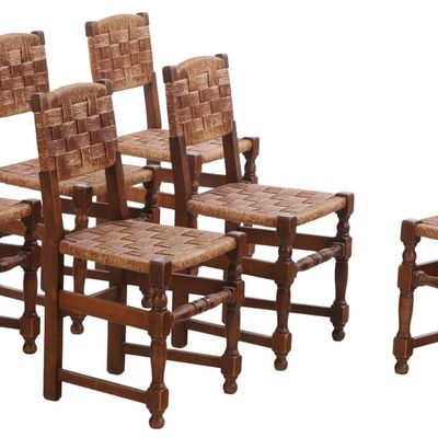 SIX FRENCH OAK AND RUSH DINING CHAIRS HAVING A WOVEN EFFECT IN THE MANNER OF CHARLES DUDOUYT C