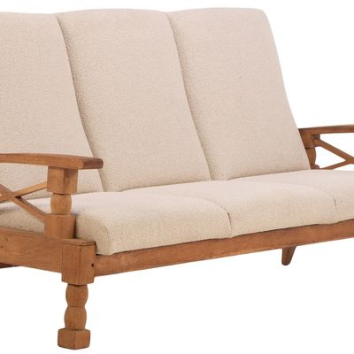FRENCH OAK SOFA C 1950 WITH RECENT BOUCLE FABRIC.