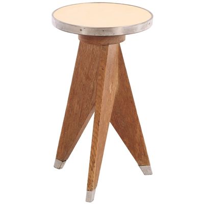 FRENCH OAK STOOL IN THE MANNER OF JEAN PROUVE C 1950 HAVING METAL TRIMMED LAMINATE TOP AND METAL