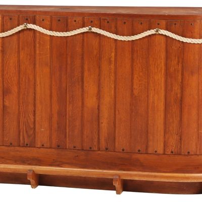 84" FRENCH OAK BAR WITH ROPE DECORATION AND SHELVES AND DRAWERS ON REVERSE C 1950.