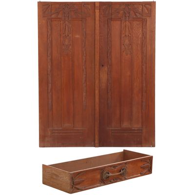 FRENCH ART DECO DOOR PANELS AND DRAWER WITH BRONZE PULL BY LEON JALLOT C 1908. SOLID OAK