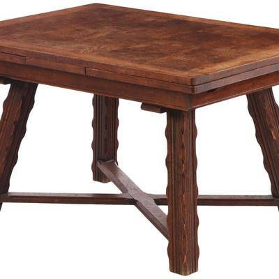 FRENCH BRUTALIST STYLE OAK DINING TABLE HAVING TWO DRAW LEAVES AND GOUGE CARVED LEGS C 1940.