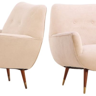 PAIR OF RESTORED UPHOLSTERED LOUNGE CHAIRS C 1950 WITH NEW FABRIC,