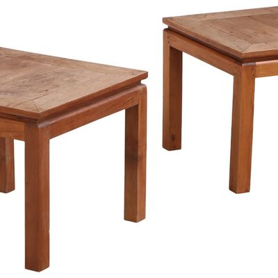 A RESTRAINED PAIR OF SOLID TEAK END TABLES WITH MAHOGANY TOPS AND PEGGED CONSTRUCTION.