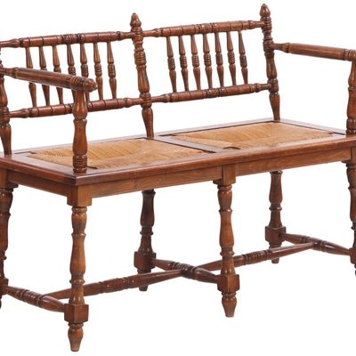 FRENCH SPINDLE BACK WOOD AND RUSH SETTEE WITH TURNED ELEMENTS C 1950.