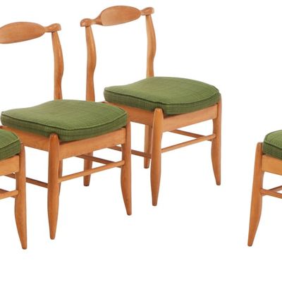 FOUR "VOLTAIRE" FRENCH OAK CHAIRS DESIGNED BY CHAMBRON AND GUILLERME FOR VOITRE MAISON C 1960.