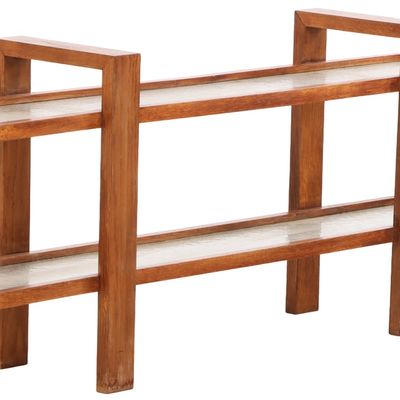 FRENCH OAK ART DECO LOW TABLE BY RENE GABRIEL C50 1950  WITH ORIGINAL TEXTURED GLASS.
