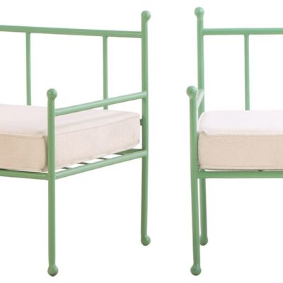 PAIR PAINTED IRON CHAIRS IN THE MANNER OF JEAN-MICHEL FRANK WITH LOOSE CUSHION UPHOLSTERY