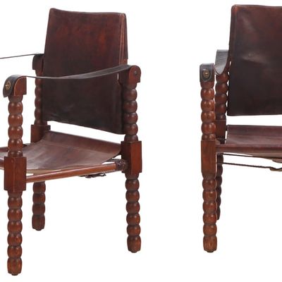 PAIR FRENCH OAK AND LEATHER COLLAPSIBLE SAFARI CHAIRS C 1960.