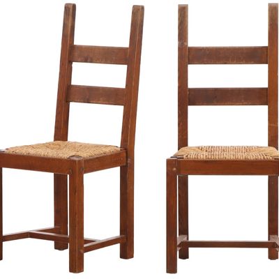 PAIR OF FRENCH BRUTALIST OAK AND RUSH SIDE CHAIRS HAVING ELONGATED UPRIGHTS C 1950. PART OF A FOUR