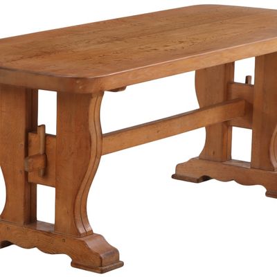 FRENCH BRUTALIST STYLE OAK TABLE HAVING MORTISE AND TENON CONSTRUCTION C 1960.