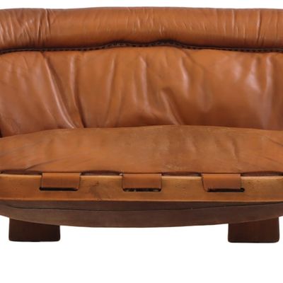 ITALIAN WOOD AND LEATHER SOFA C 1955 ATTRIBUTED TO LUCIANO FRIGERIO.