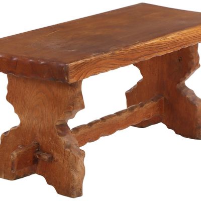 HEAVY FRENCH SOLID OAK BRUTALIST STYLE COFFEE TABLE HAVING A THICK SLAB TOP C 1960.